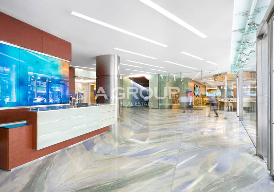 Luxurious marble lobby entrance at Tower Financial Center in Panama’s financial district