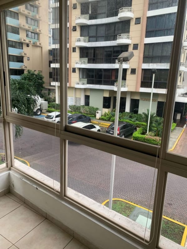 Covered balcony with views of Panama City skyline in PH San Francisco Bay Tower 100 Panama