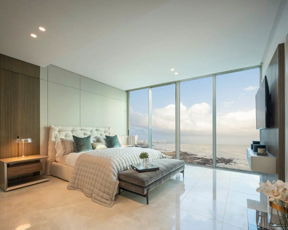 Contemporary luxury living room with ocean views in PH Aquamarina Punta Pacifica Panama