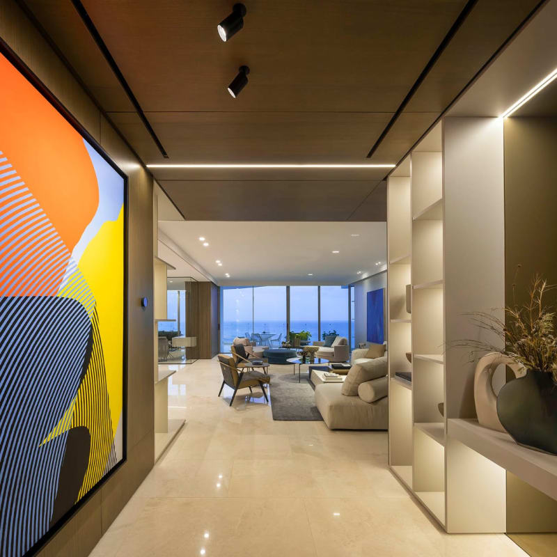 Luxury master bedroom with floor-to-ceiling Pacific ocean views in Punta Pacifica PH Aquamarina apartment