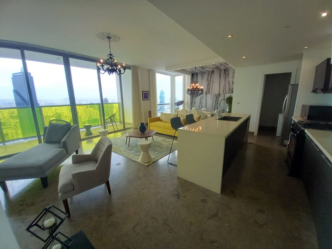 Contemporary kitchen marble island stainless steel appliances in Yoo Panama luxury rental on Avenida Balboa