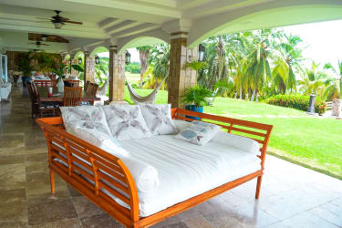 Landscaped garden area with gazebo and stone pathways at beachfront estate Río Hato Panama
