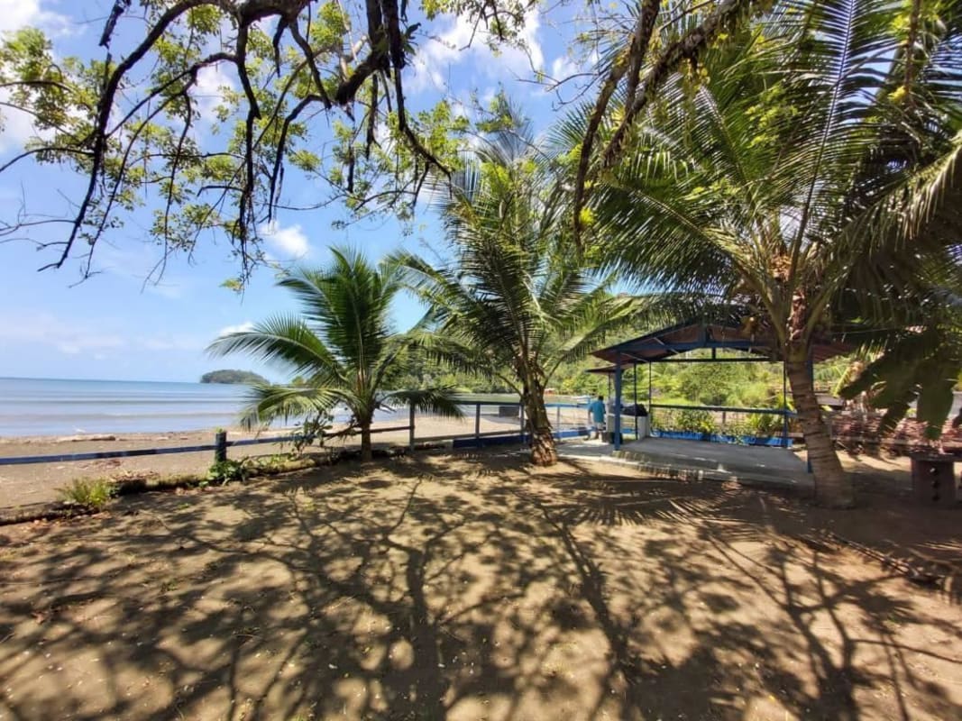Beachfront property with palm trees, ocean view, and covered outdoor terrace in Buenaventura Panama