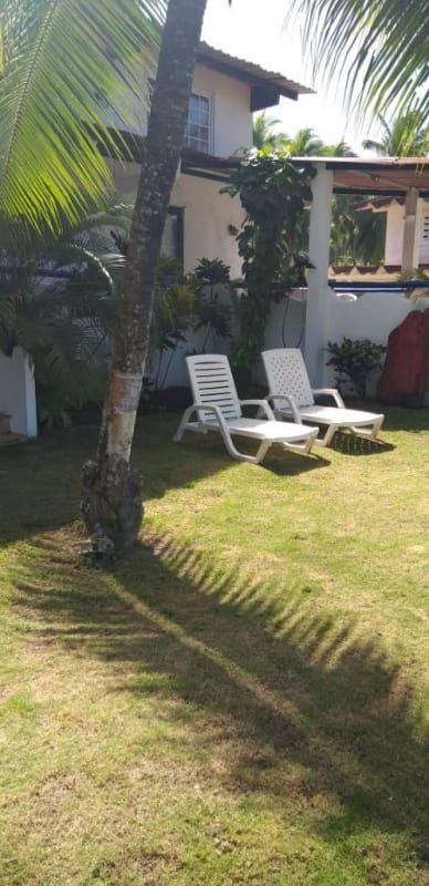 Tropical garden with palm tree and white two-story villa with patio in Buenaventura Panama