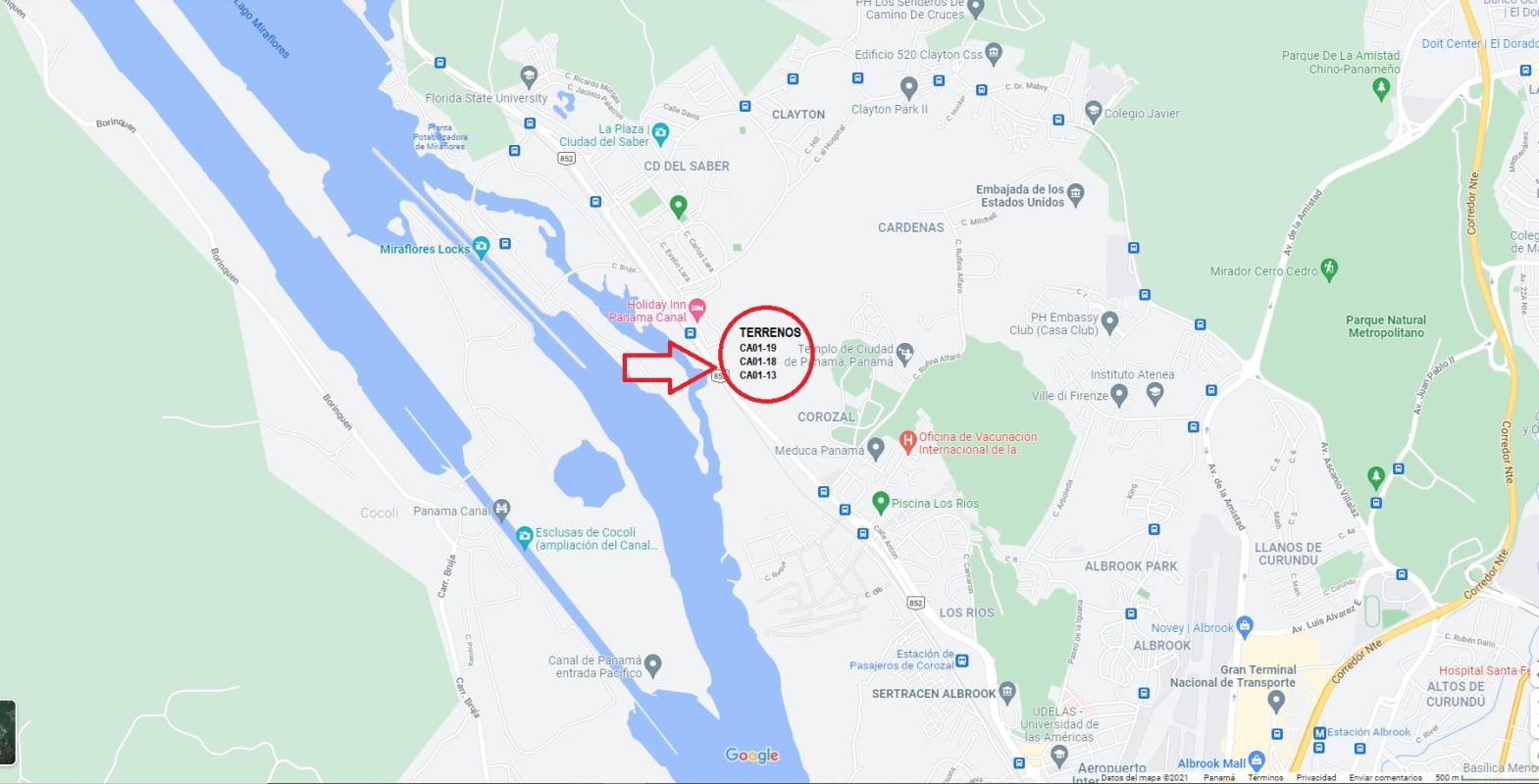 Aerial map highlighting Panama Canal area with property parcels for industrial development