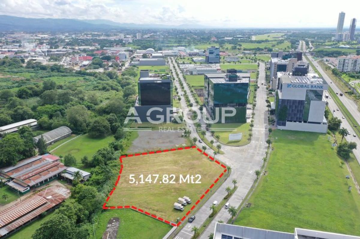 Aerial of commercial land in Santa Maria Business District Panama City highlighted boundary, adjacent to wide streets and greenery