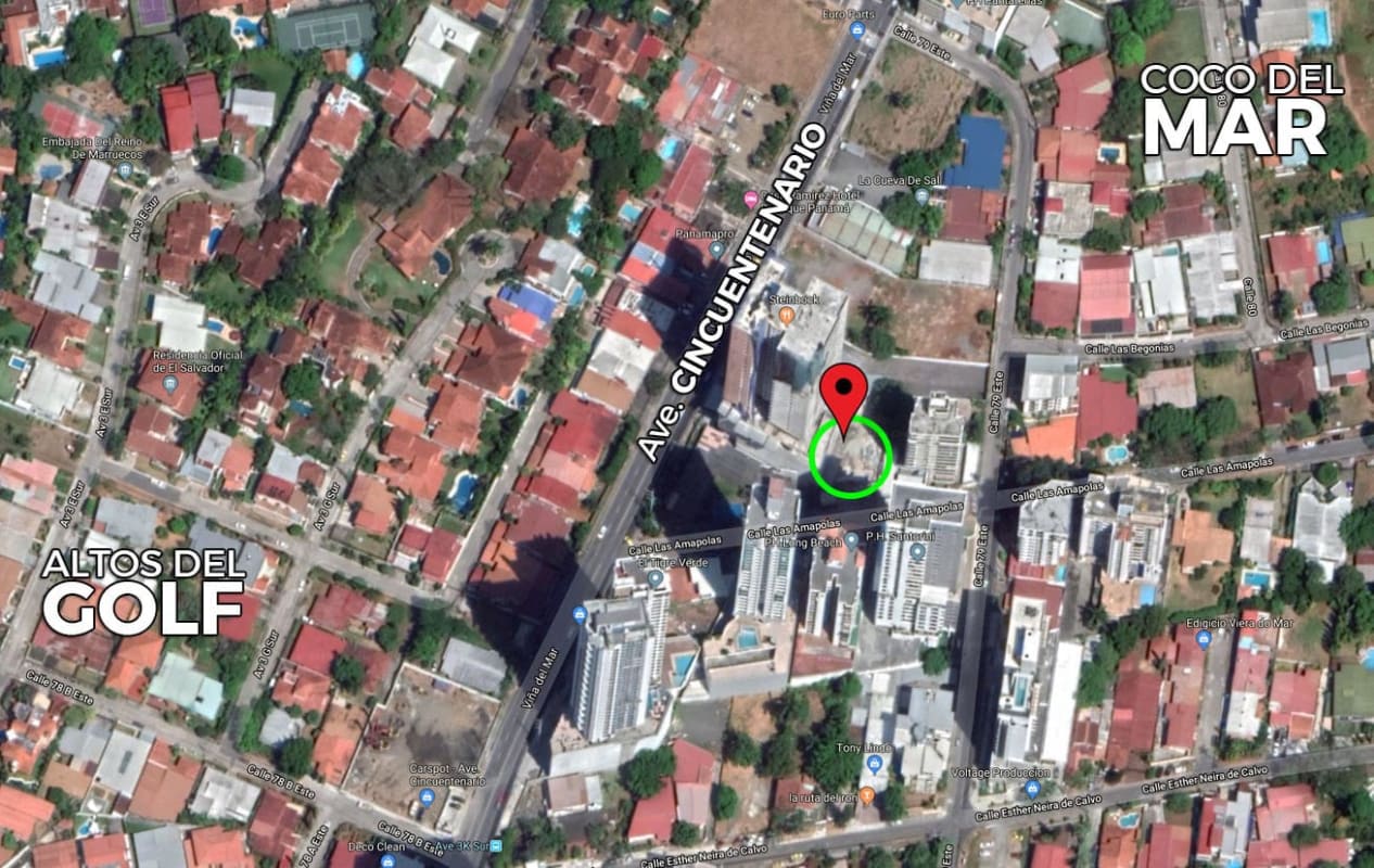 Satellite image map showing Coco del Mar neighborhood and development lot location Panama City