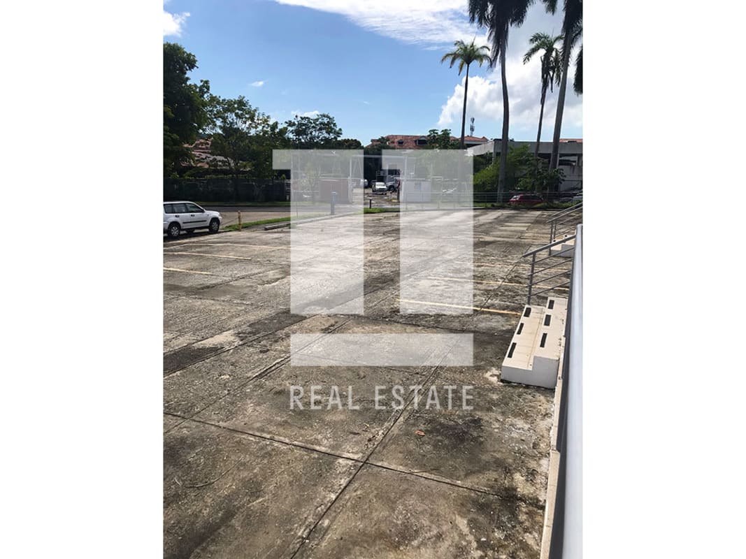 Large concrete parking lot with palm trees at commercial site in Albrook Panama