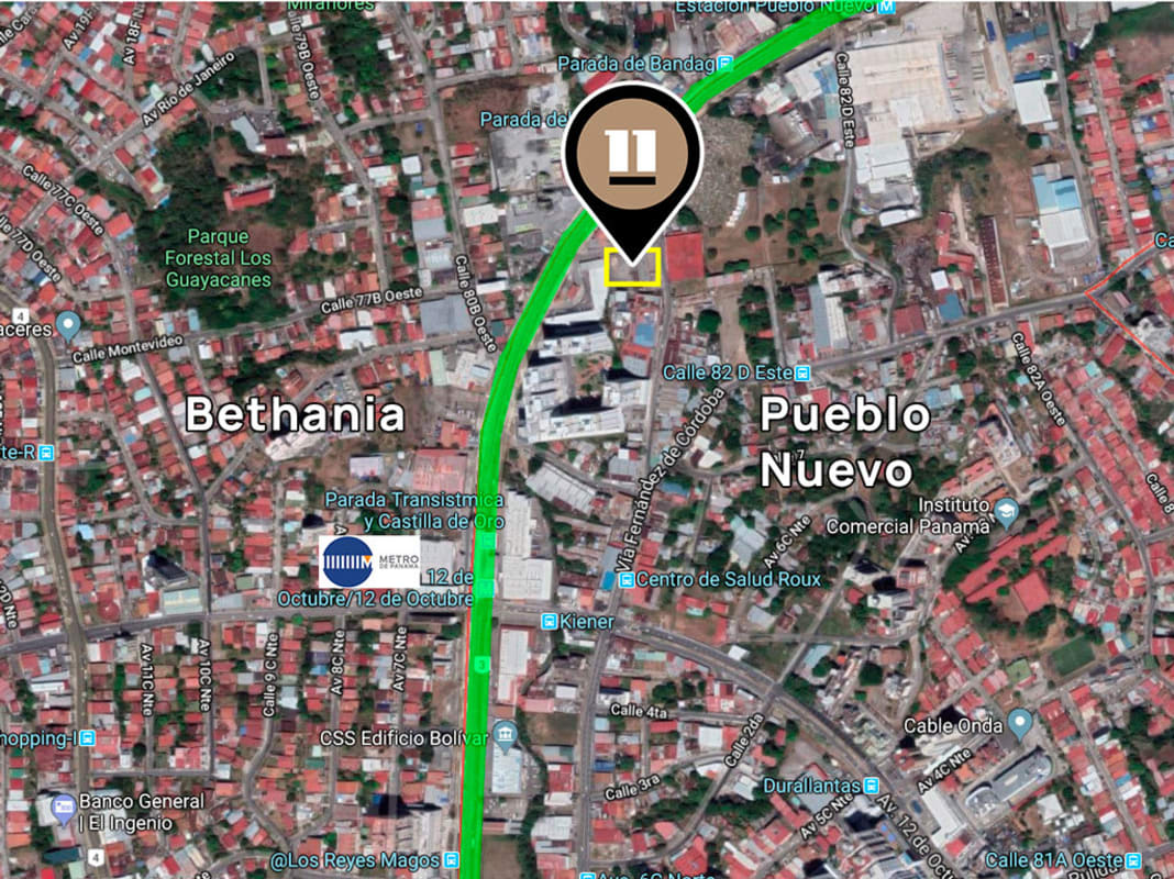 Satellite view marking development plot near Metro line and commercial transit corridor Panama City
