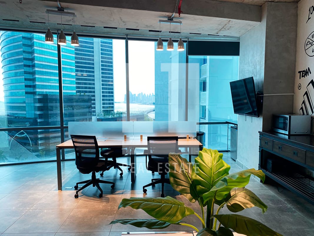 Furnished workspace with ocean view, industrial ceiling, glass walls PH Financial Park Costa del Este Panama City