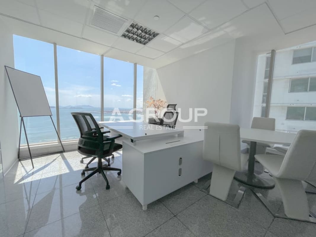 Executive office with glass partitions panoramic bay view PH BICSA Tower Panama