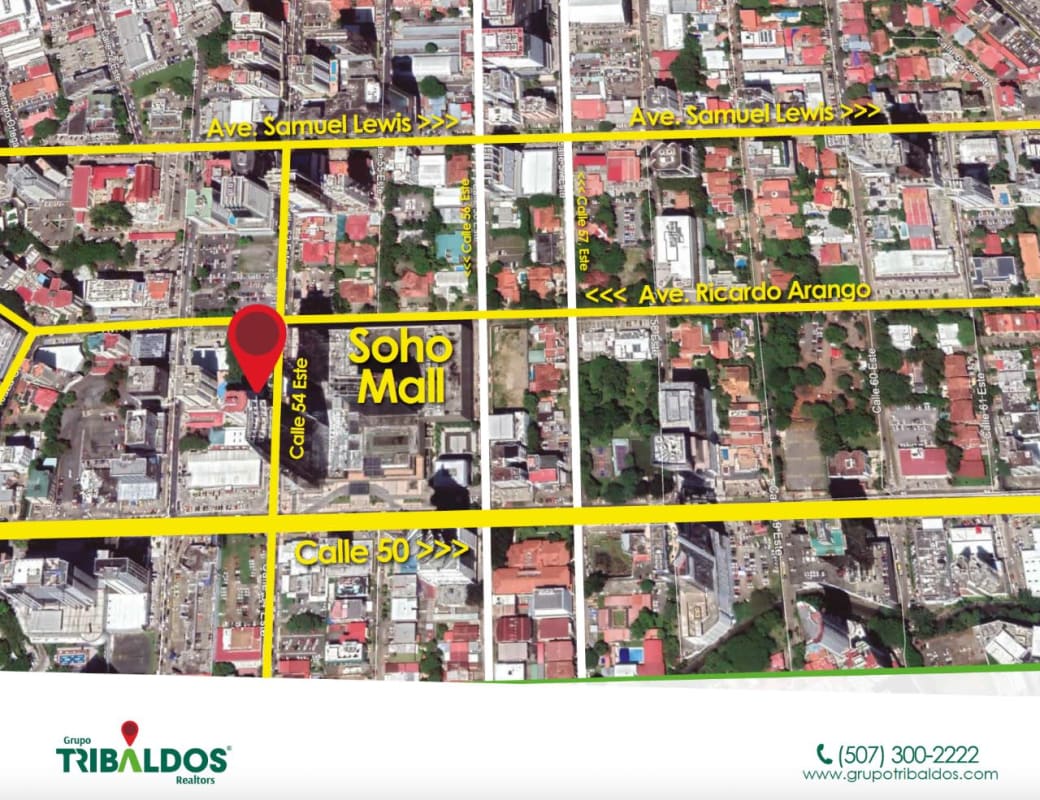 Map showing Soho Mall, major roads, and prime investment property location Obarrio Panama