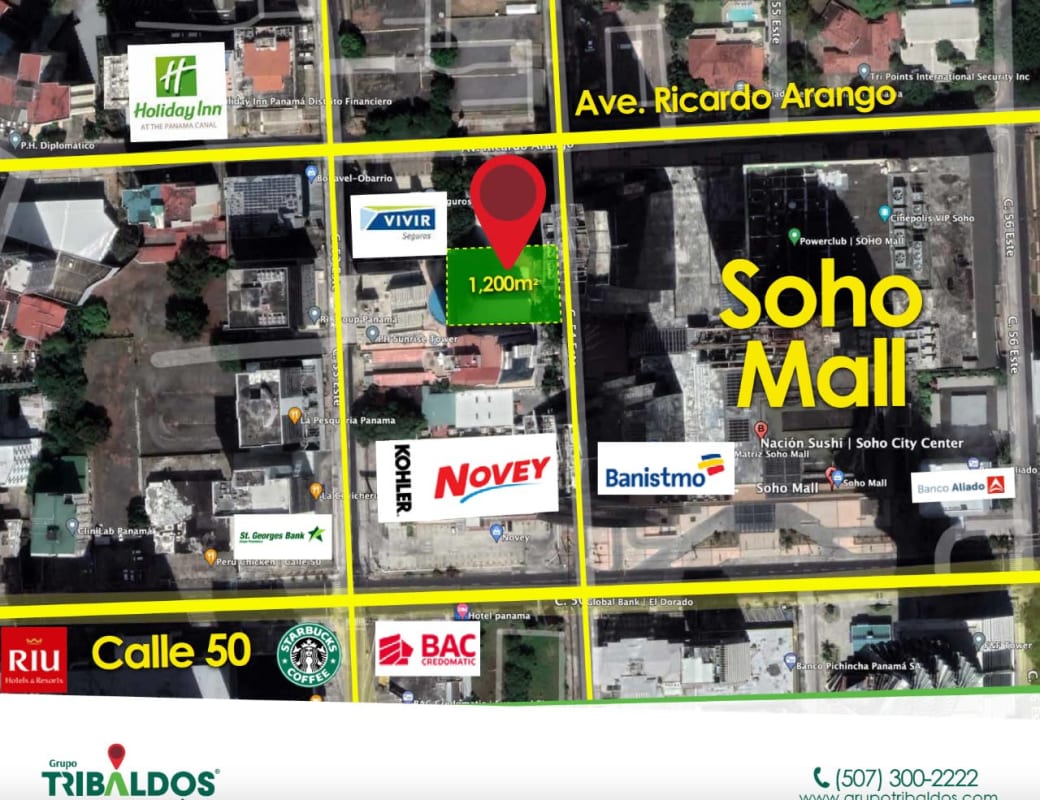 City aerial map featuring highlighted commercial plot near banks and luxury shopping in Obarrio Panama