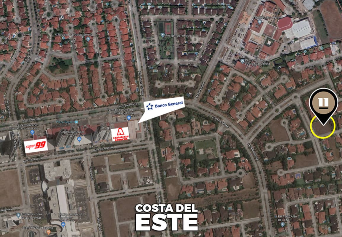 Aerial neighborhood map showing Costa del Este shopping malls banks and residential zones near Santa María Golf Panama