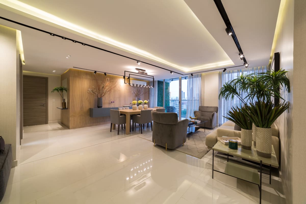 Spacious open living dining area with balcony and skyline view PH Cangrejo Suites Panama