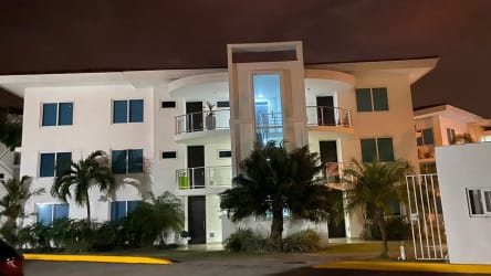 View of Riomar complex with villas, gardens, palm trees in San Carlos Panama