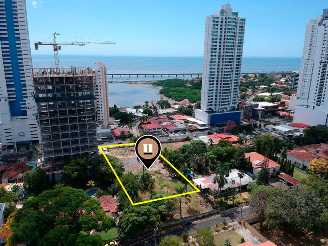 Aerial perspective of development land in prime Panama City with skyline and ocean