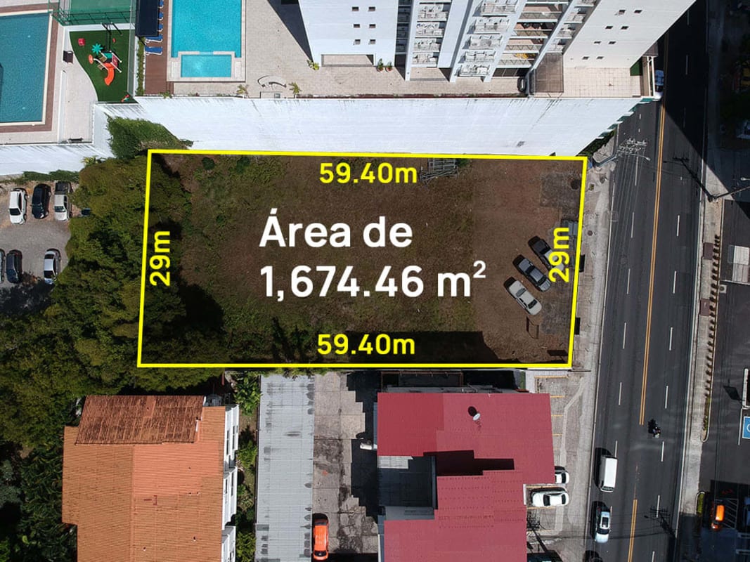 Aerial shot of large 1,674.46m2 commercial lot for sale in Obarrio Panama City