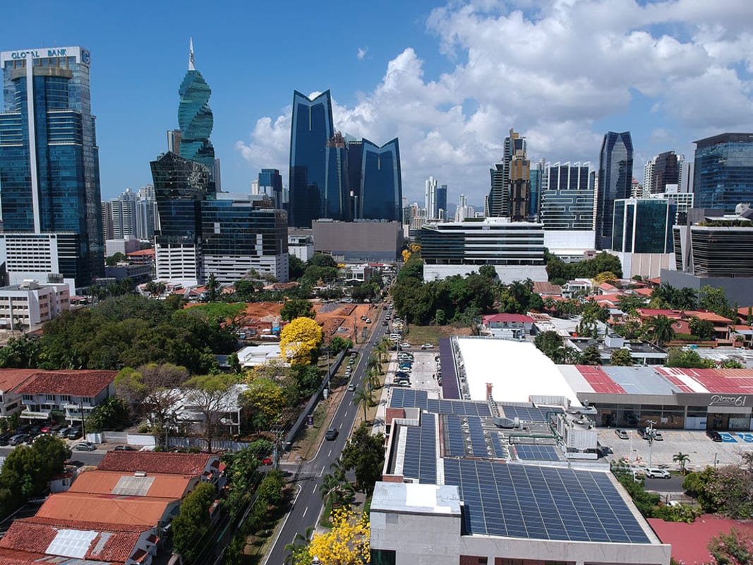 Panama City skyline with high-rises surrounding Obarrio vacant lot for sale