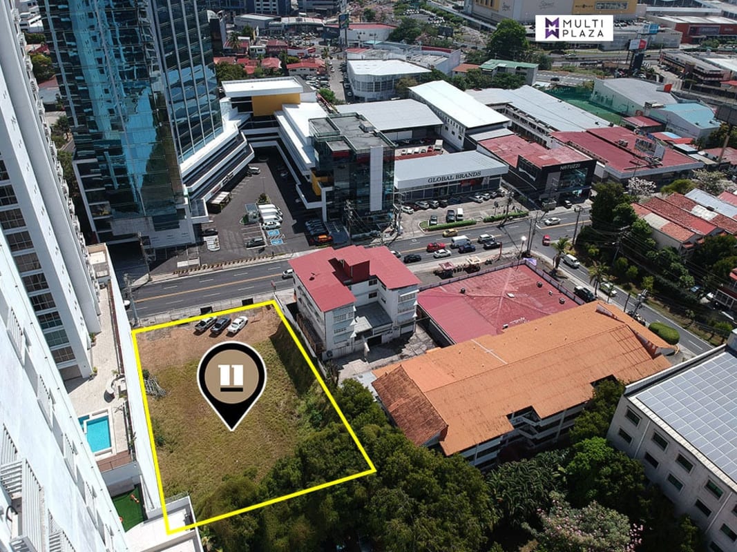 Aerial showing Obarrio development parcel amidst Panama City skyline high-rises