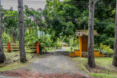 Gated tropical mountain estate entrance with lush greenery, stone walls and gardens in Panama
