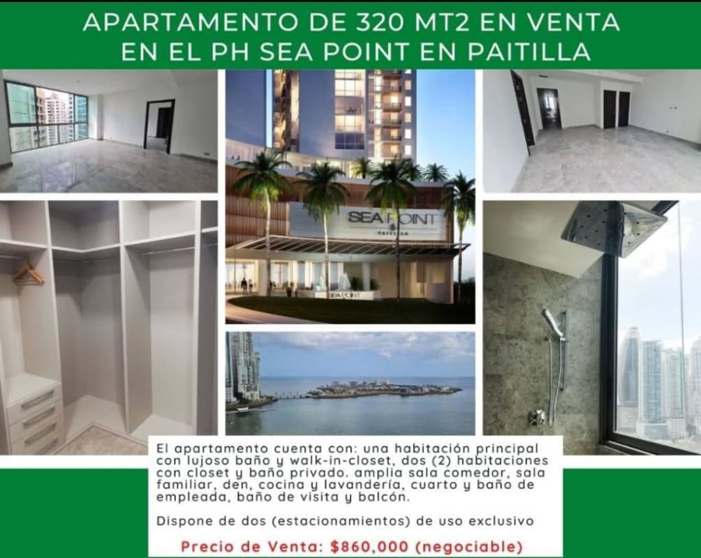 Collage showing luxury interiors, bathrooms, walk-in closet, balcony with ocean view PH Sea Point Paitilla Panama