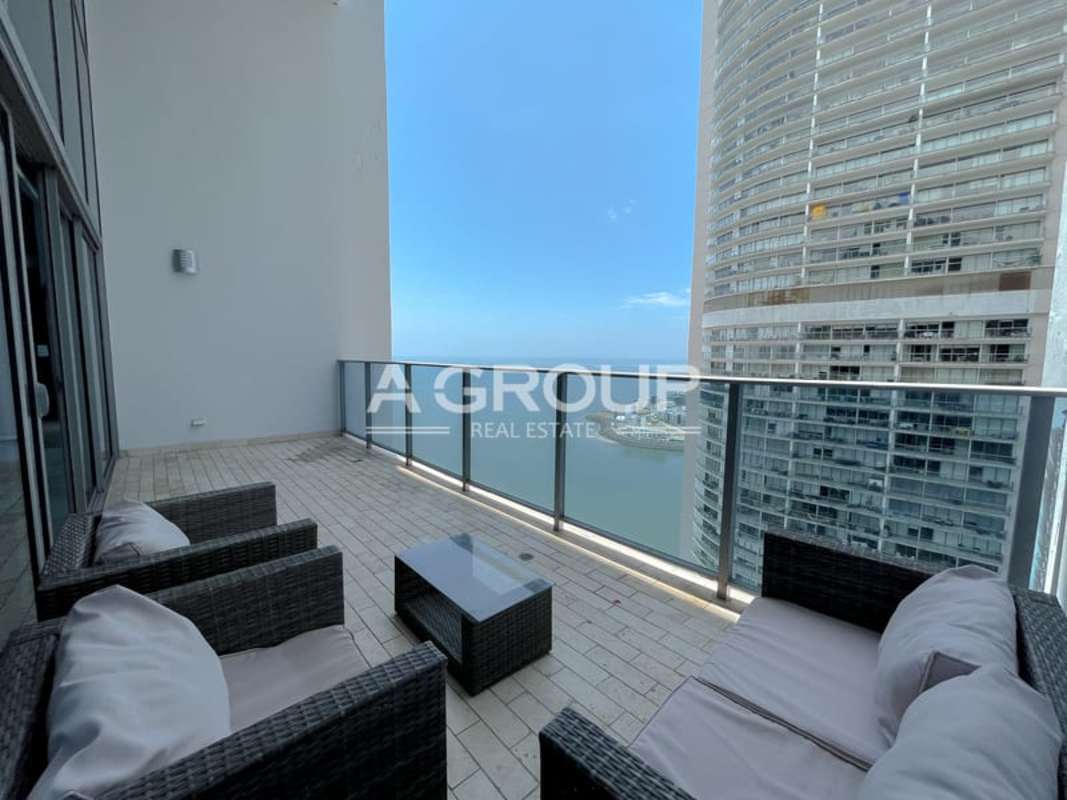 Panoramic balcony overlooking Pacific Ocean and skyline from luxury Grand Tower loft Punta Pacifica Panama