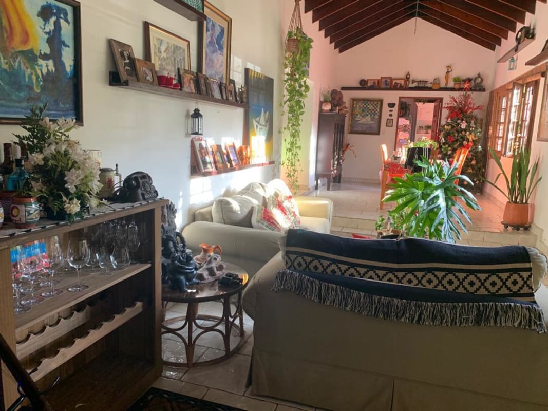 Rustic living room with vaulted wooden ceiling and large windows in Las Cumbres Panama house