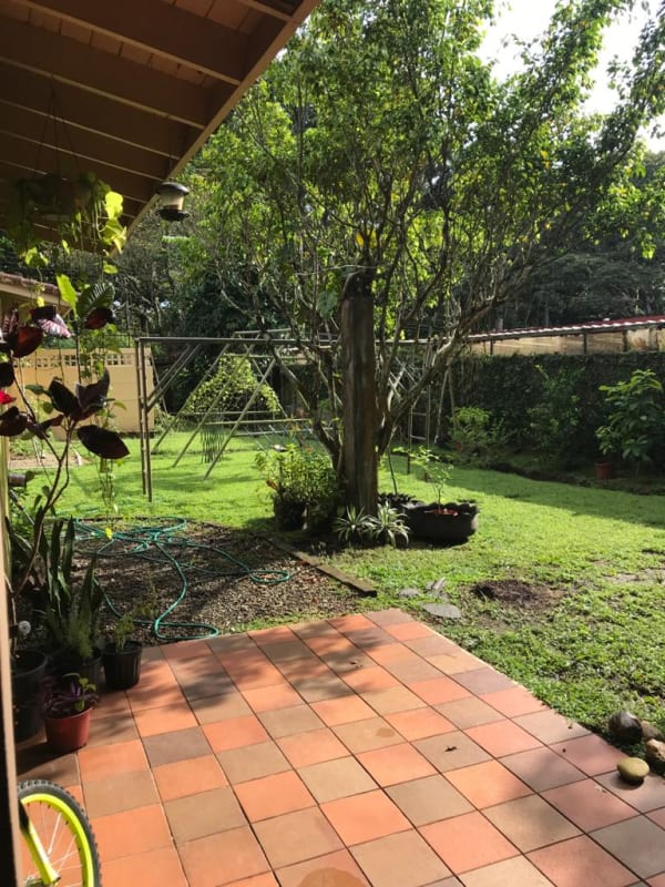 Large fenced backyard with green lawn trees and children's play area in family house Panama