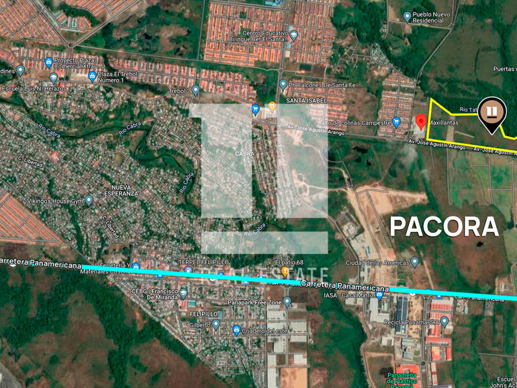 Satellite view showing Pacora district roads, industrial and residential zones, green river edges Panama