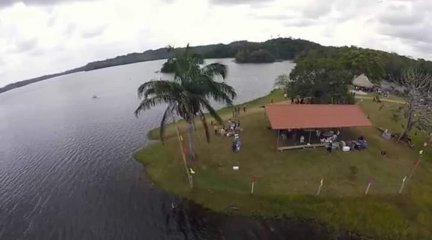 Peninsula formation with waterfront land and buildings on Lake Bayano Chepo Panama