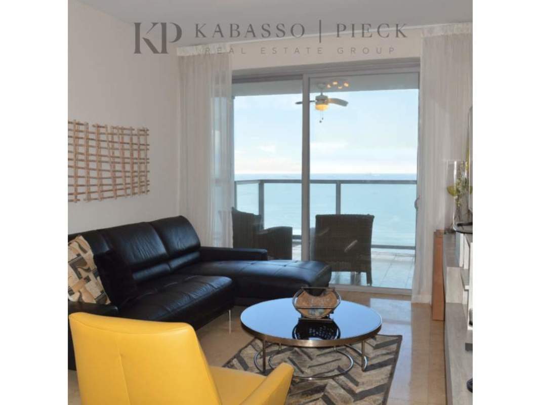 Spacious balcony overlooking Pacific Ocean and skyline in luxury YOO & Arts apartment Panama City