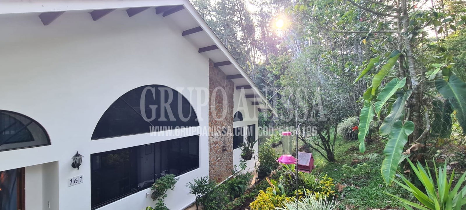 Living room with high ceilings, full-height windows, garden views in Los Altos de Cerro Azul house