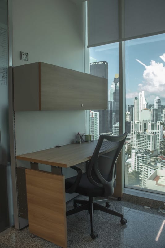 Panoramic city view from modern office interior with ergonomic furniture in Atrium Business Center Obarrio Panama