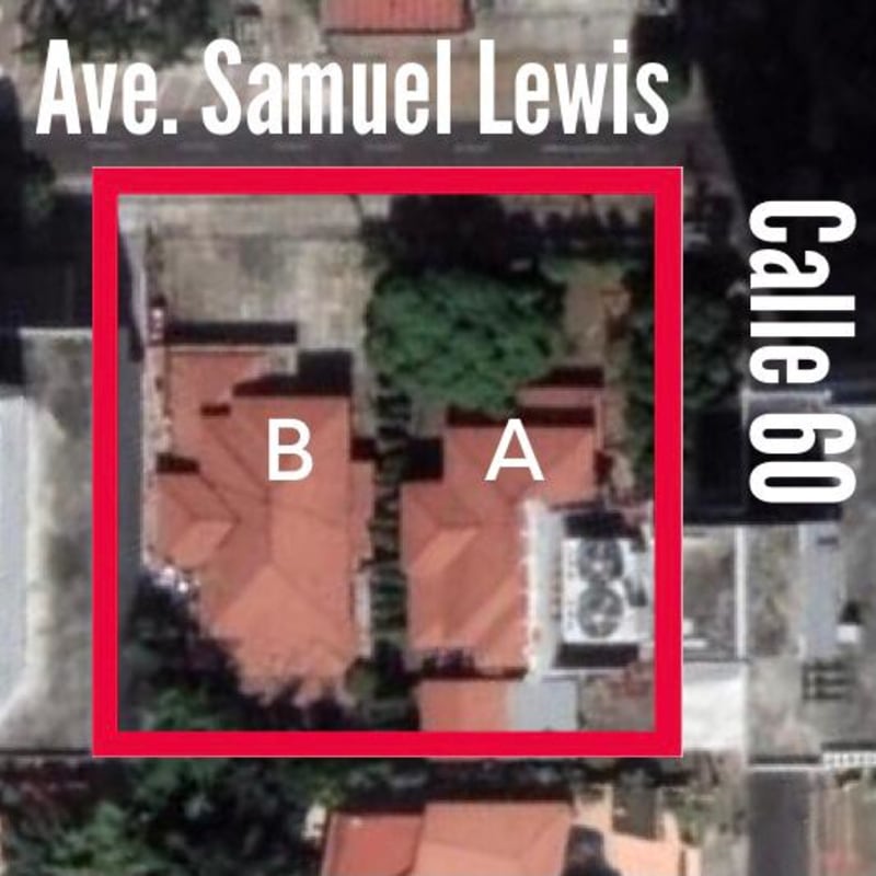 Aerial showing two adjacent lots bordered in red with dense vegetation at the corner of Calle 60 and Ave Samuel Lewis Obarrio Panama