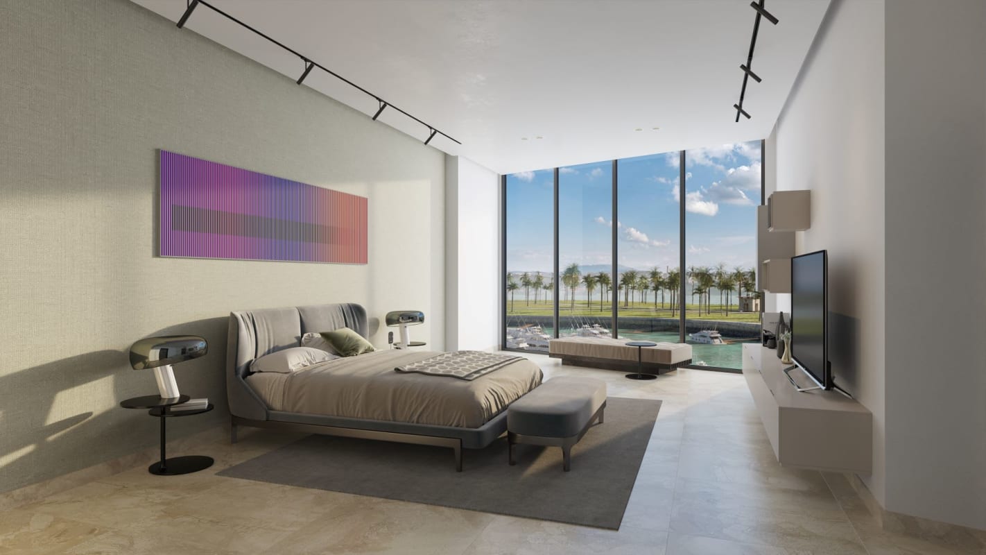 Facade of luxury high-rise PH Montecarlo on Ocean Reef Panama City with marina view