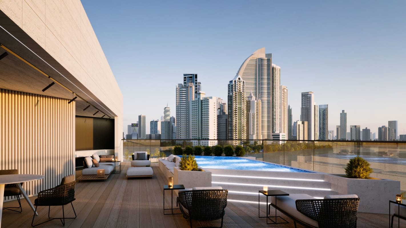 Infinity rooftop pool with panoramic city skyline and ocean views at PH Montecarlo, Ocean Reef Panama