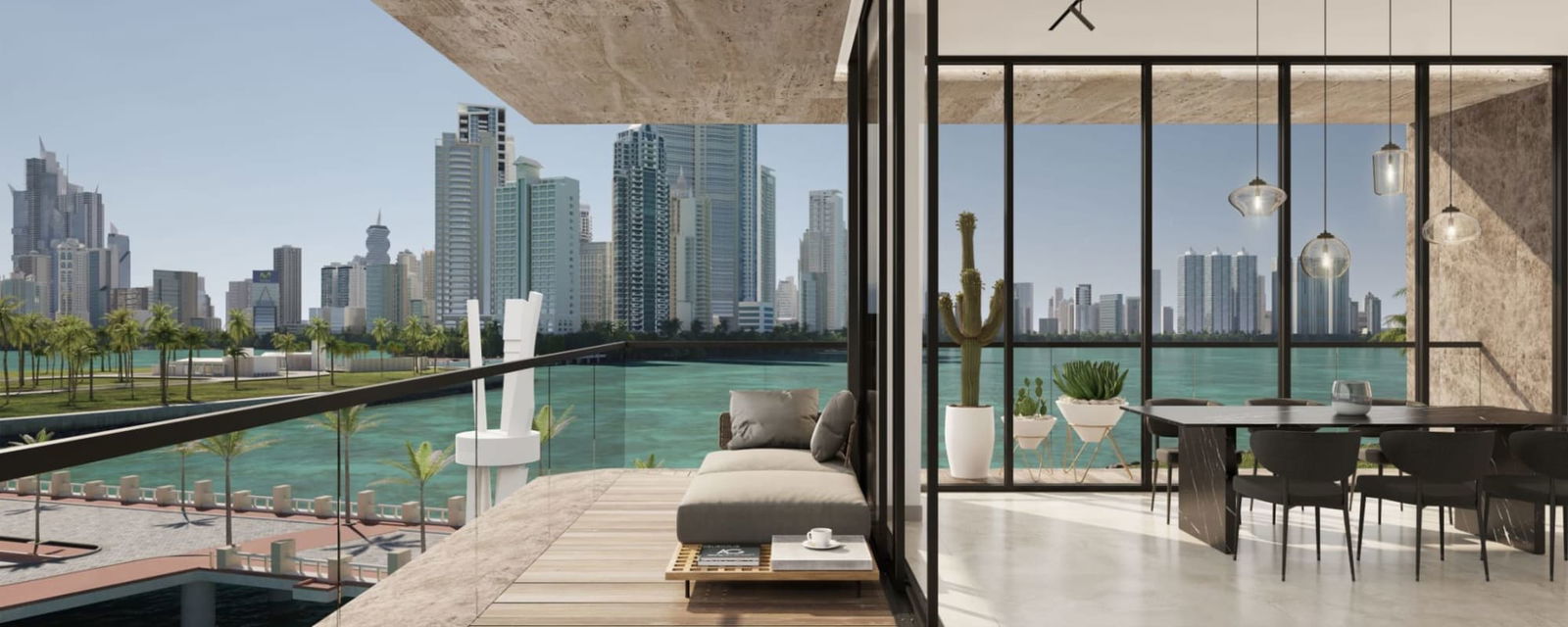 Modern master bedroom with panoramic floor-to-ceiling waterfront view in PH Montecarlo, Ocean Reef Island Panama