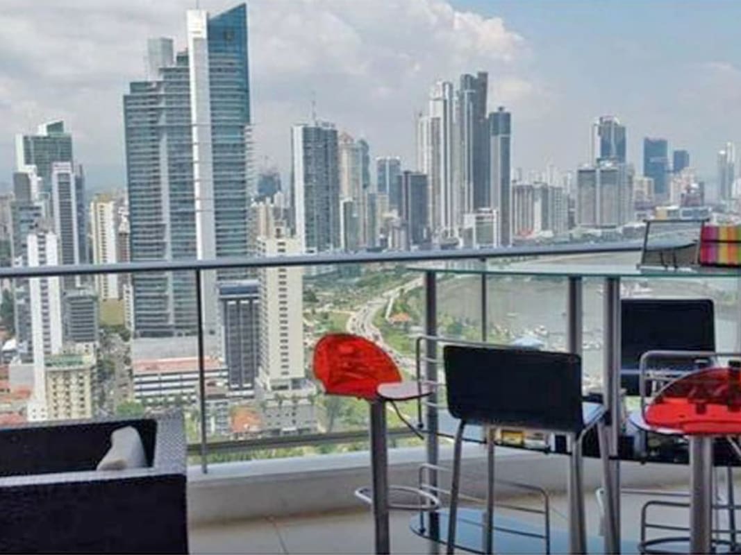 Spacious apartment balcony overlooking Pacific and city skyline in PH Destiny Tower Panama