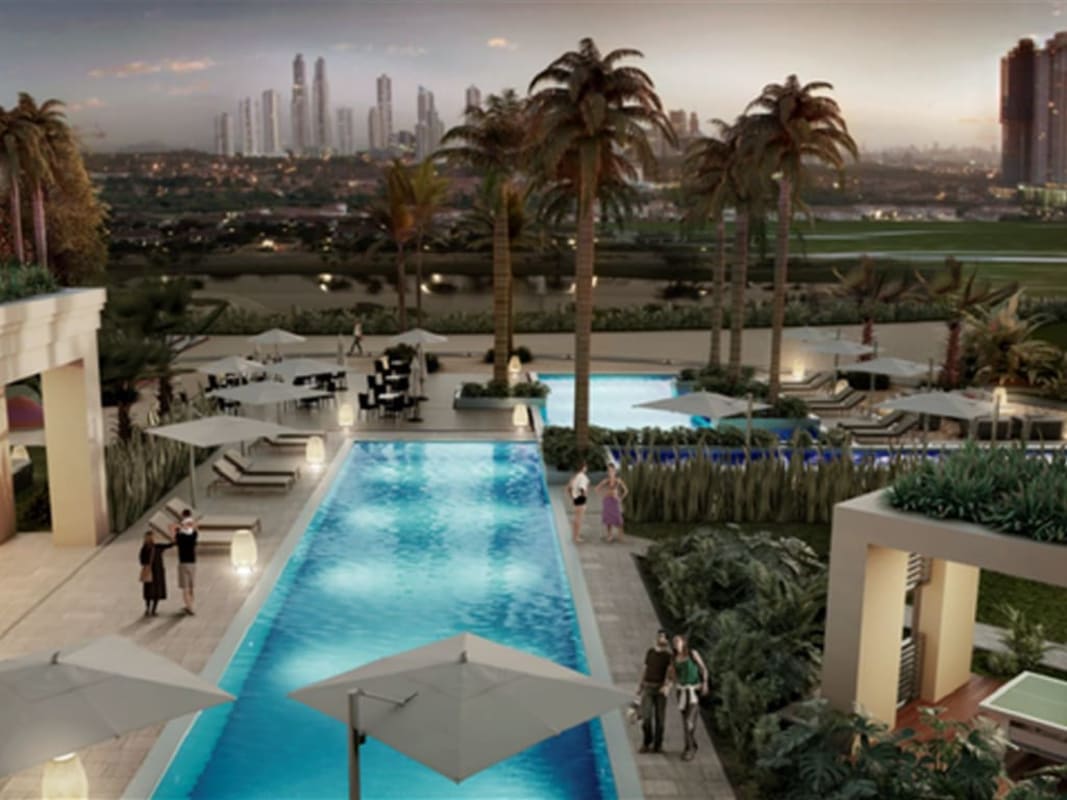 Resort style swimming pools palm trees skyline at PH Pinnacle The Reserve Santa Maria Panama