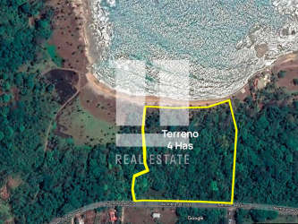 Aerial shot of outlined 4 hectare Caribbean beachfront property Palenque Colon