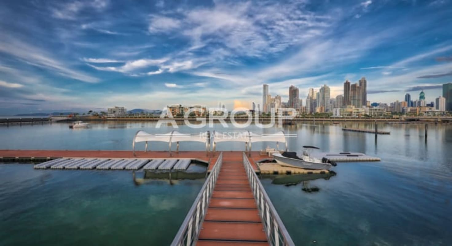 Panoramic view Panama City skyline from Ocean Reef Islands luxury community