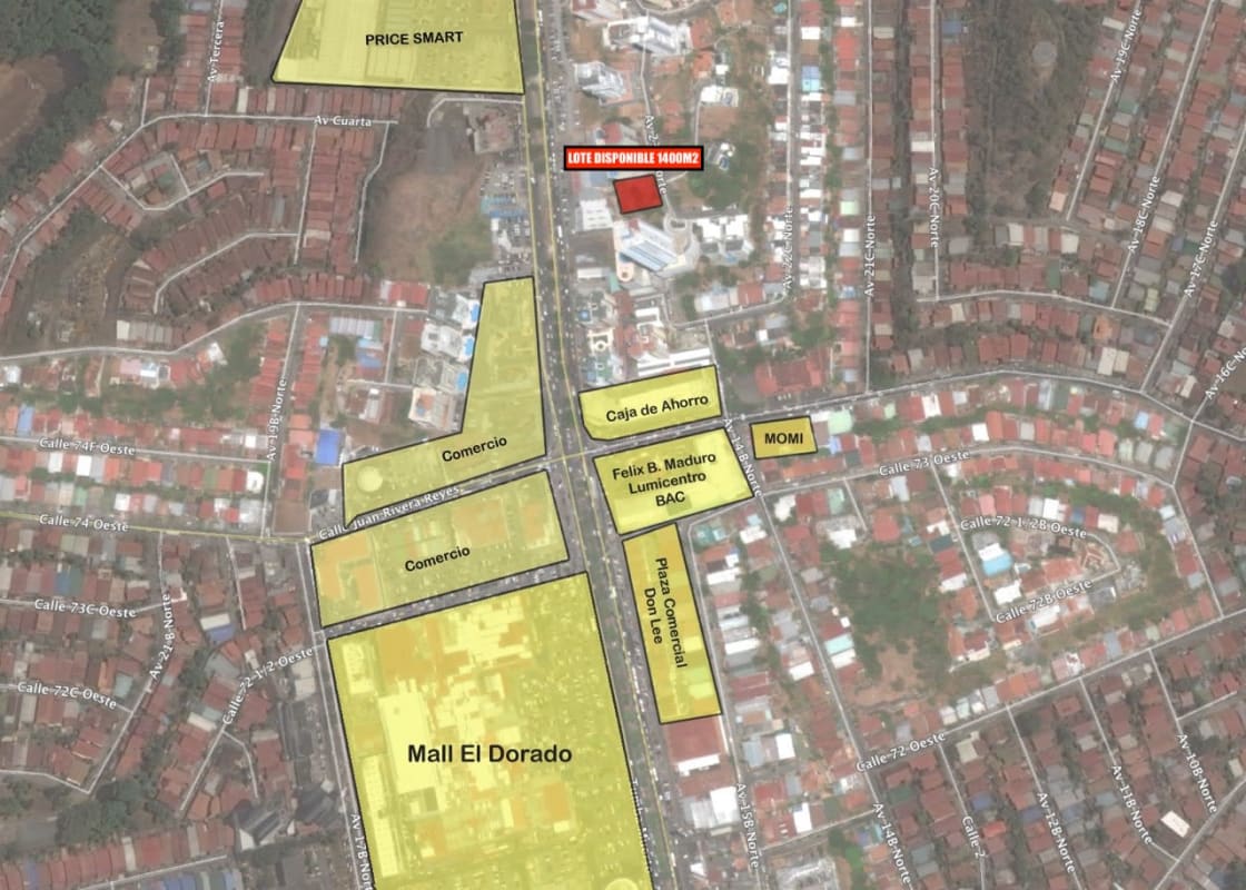 City skyline with residential and commercial zones around Villa de Las Fuentes Panama City