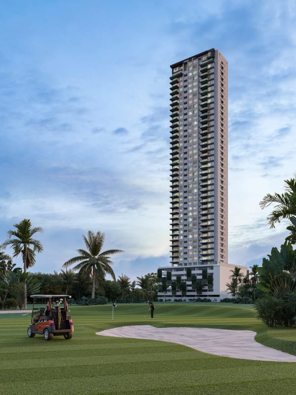 High-rise condo tower Celeste with golf course in Santa María Panama City