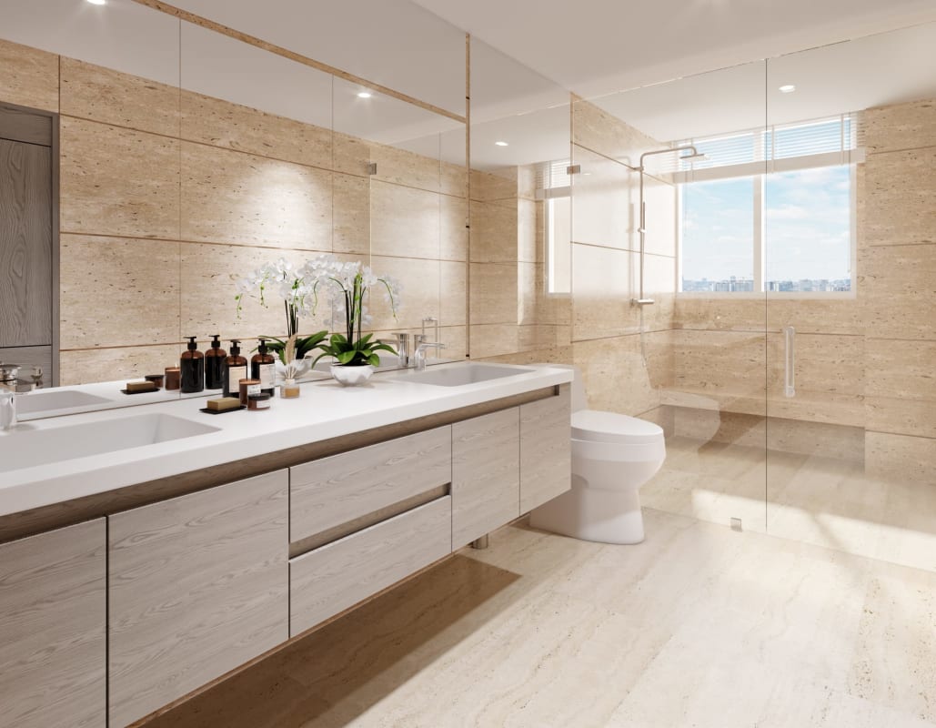 Modern luxury bathroom glass shower double sink PH Celeste Santa María Panama