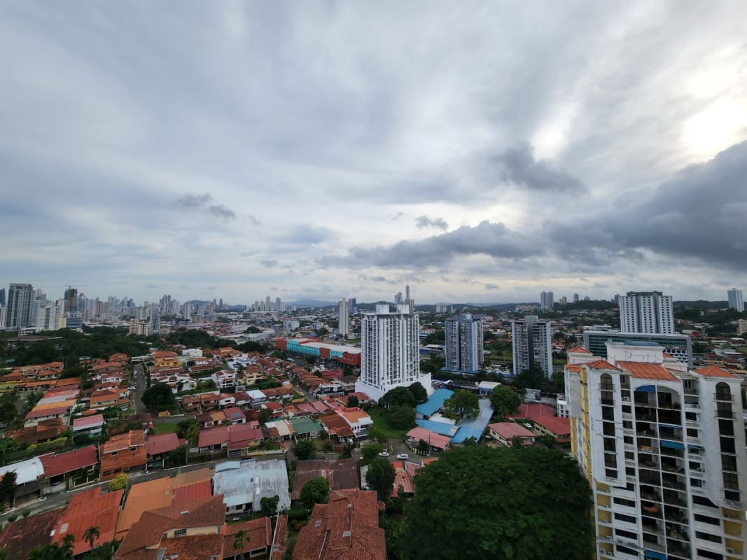 Aerial panoramic skyline showing Panama City buildings and green areas near Highland View