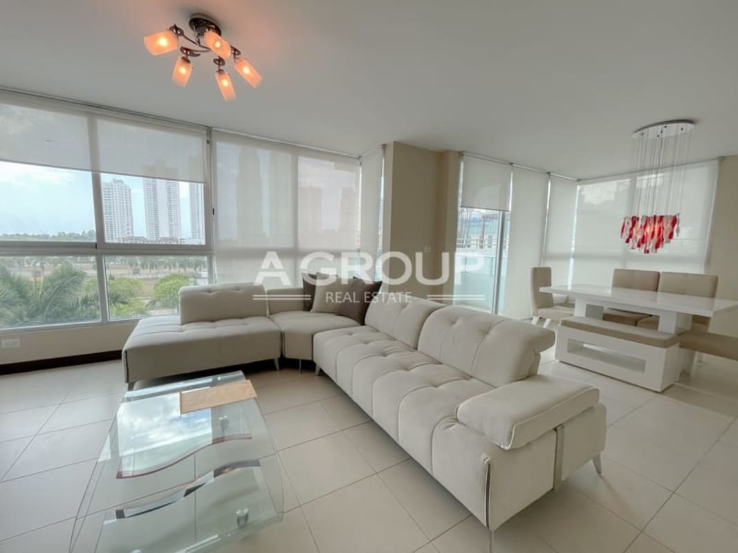 Spacious living area with floor-to-ceiling windows, city skyline PH Soho Tower Costa del Este Panama
