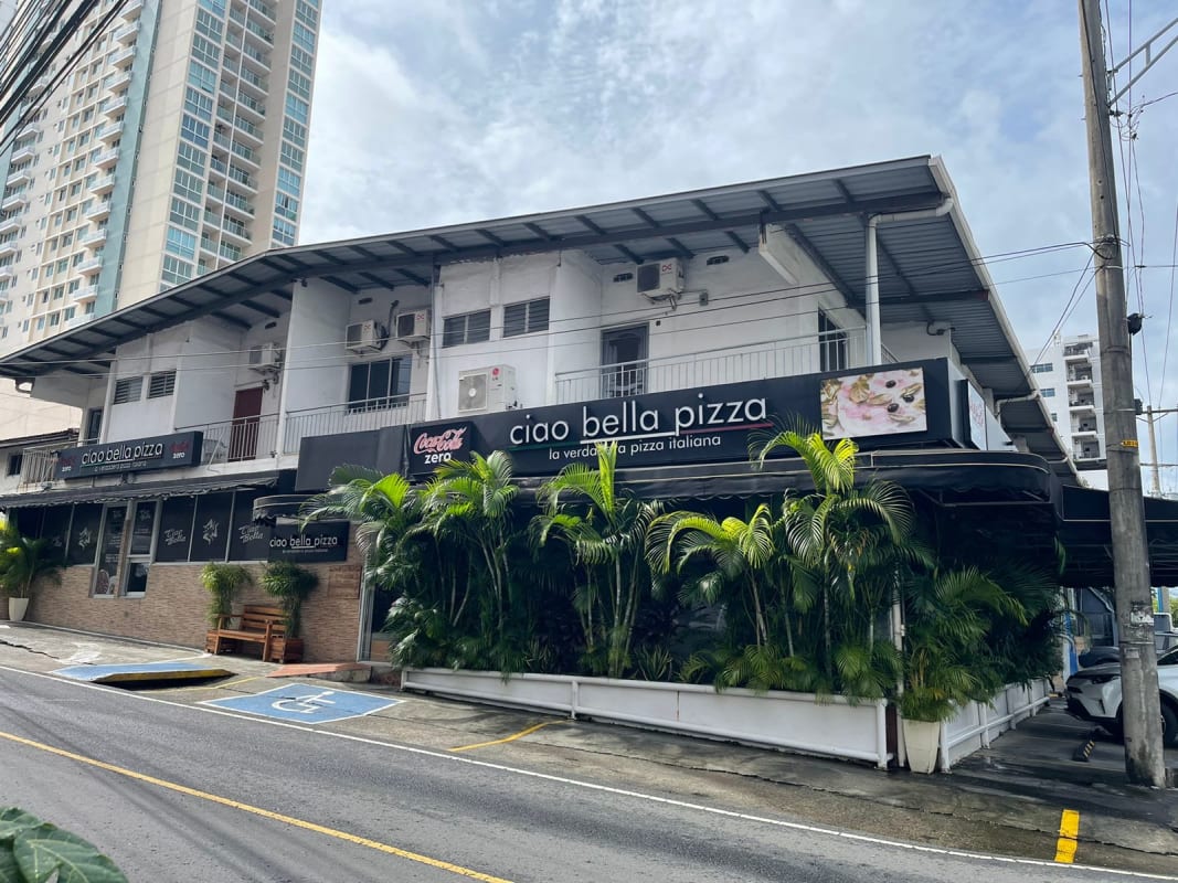 Retail units on ground floor of commercial complex with office towers in Obarrio behind