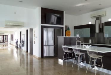 Spacious kitchen with island, black and white cabinetry, stainless steel refrigerator in oceanfront villa