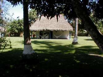 Thatched roof tropical hut with lawn and hammock on beachfront land development in Farallon Panama